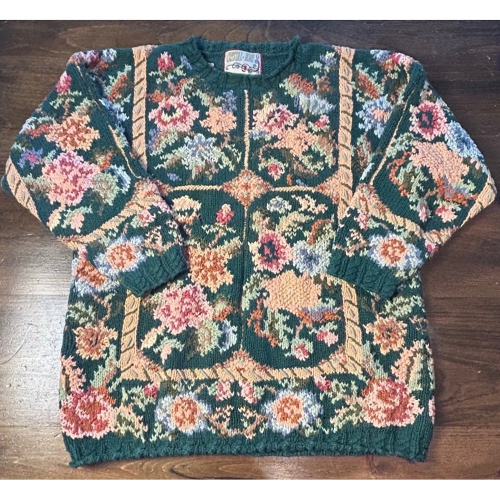 Vintage 90s Crystal Kobe Floral Sweater Small Ramie Cotton Knit Grandmacore Fall